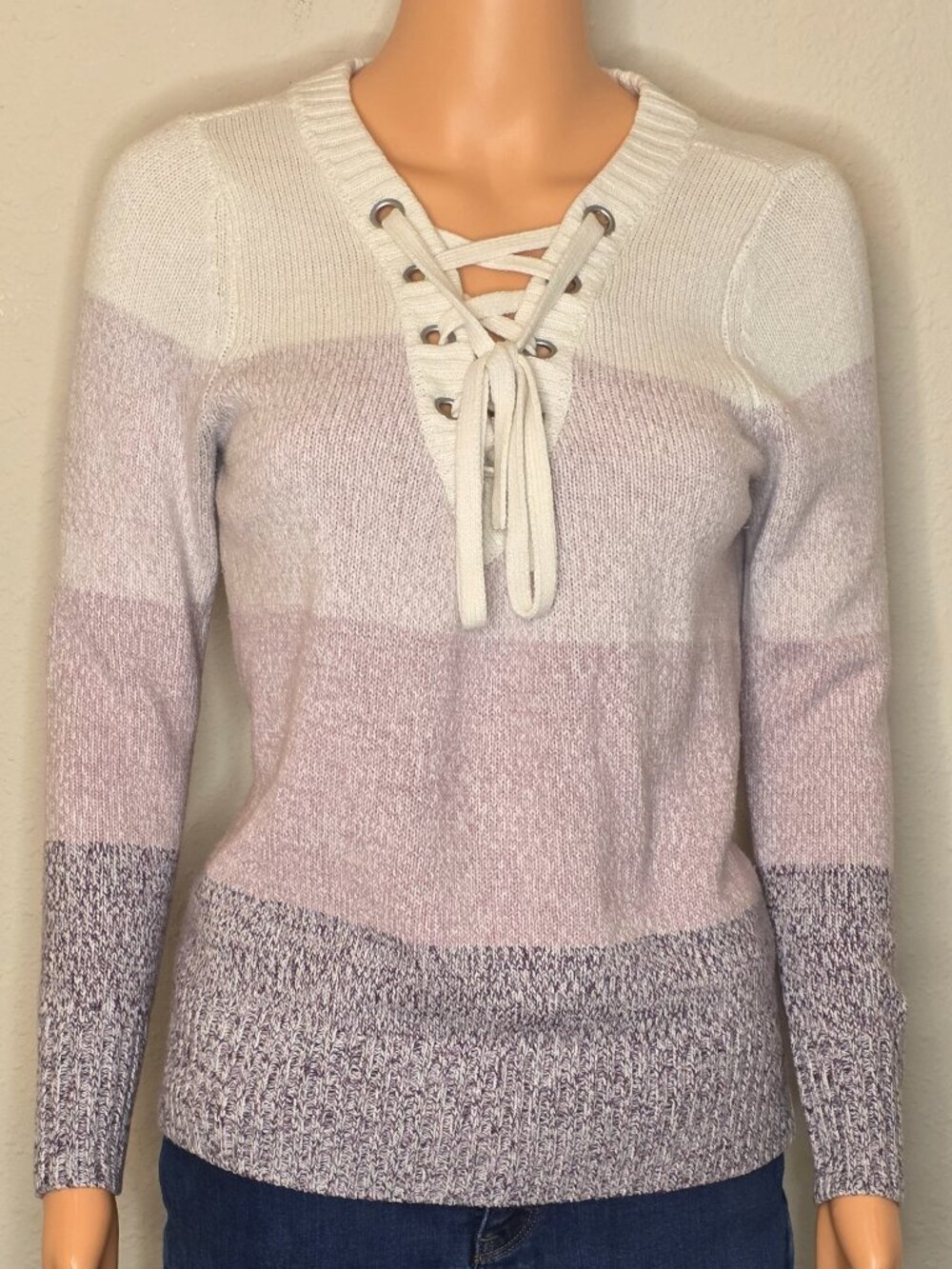 SOHO Jeans Varsity Style Tri- Color Lace Up V Neck Women's Sweater, Size XS